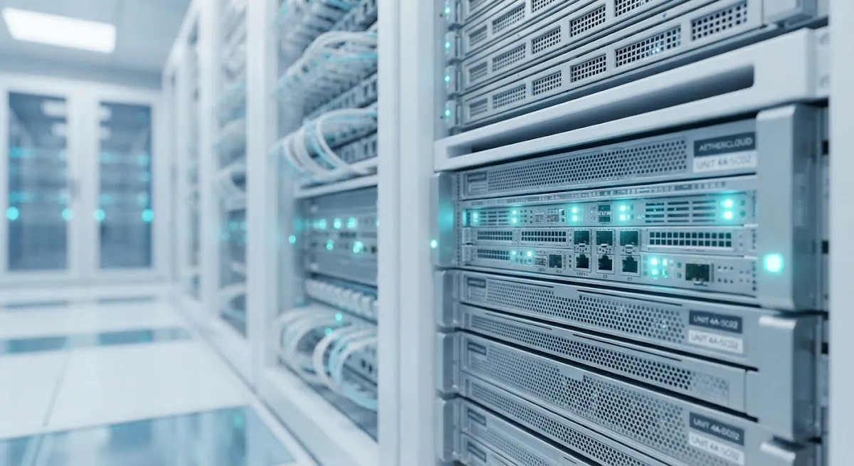 Server racks with glowing indicators — modern cloud infrastructure