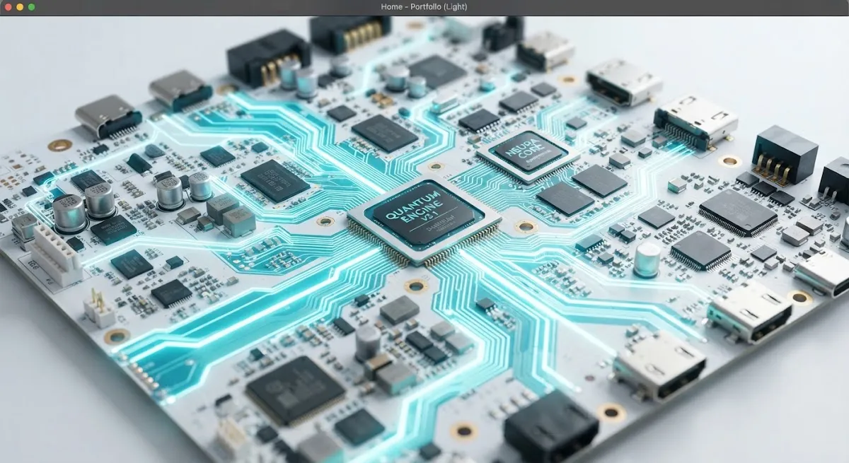 Macro shot of a circuit board with glowing cyan traces