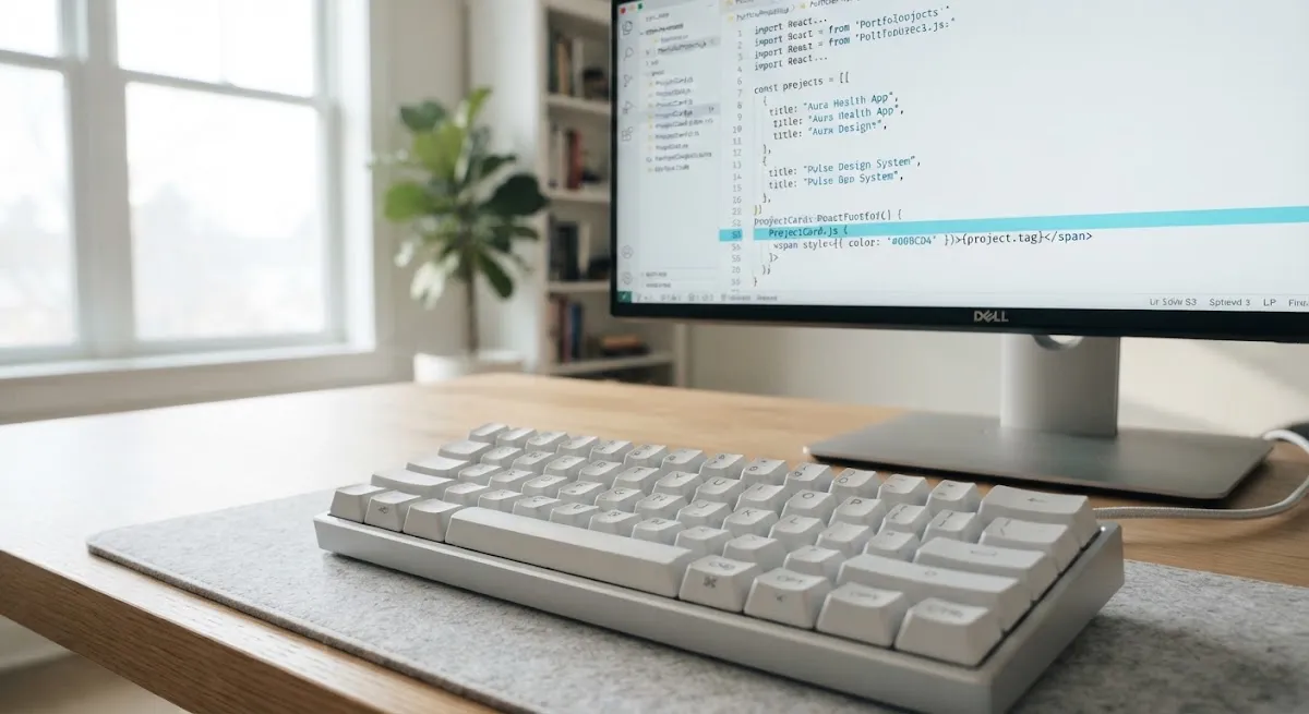 Minimalist keyboard and monitor showing a clean code editor