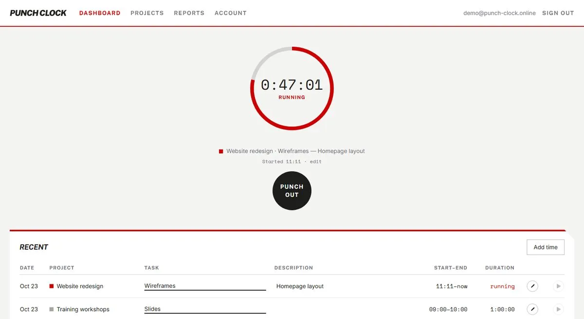 Punch Clock web app showing a running timer above the day's time entries